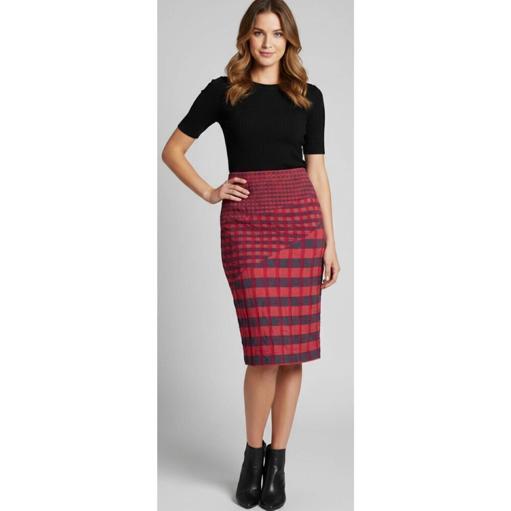 Diane von furstenberg women small pink gray skirt midi viscose stretch plaid